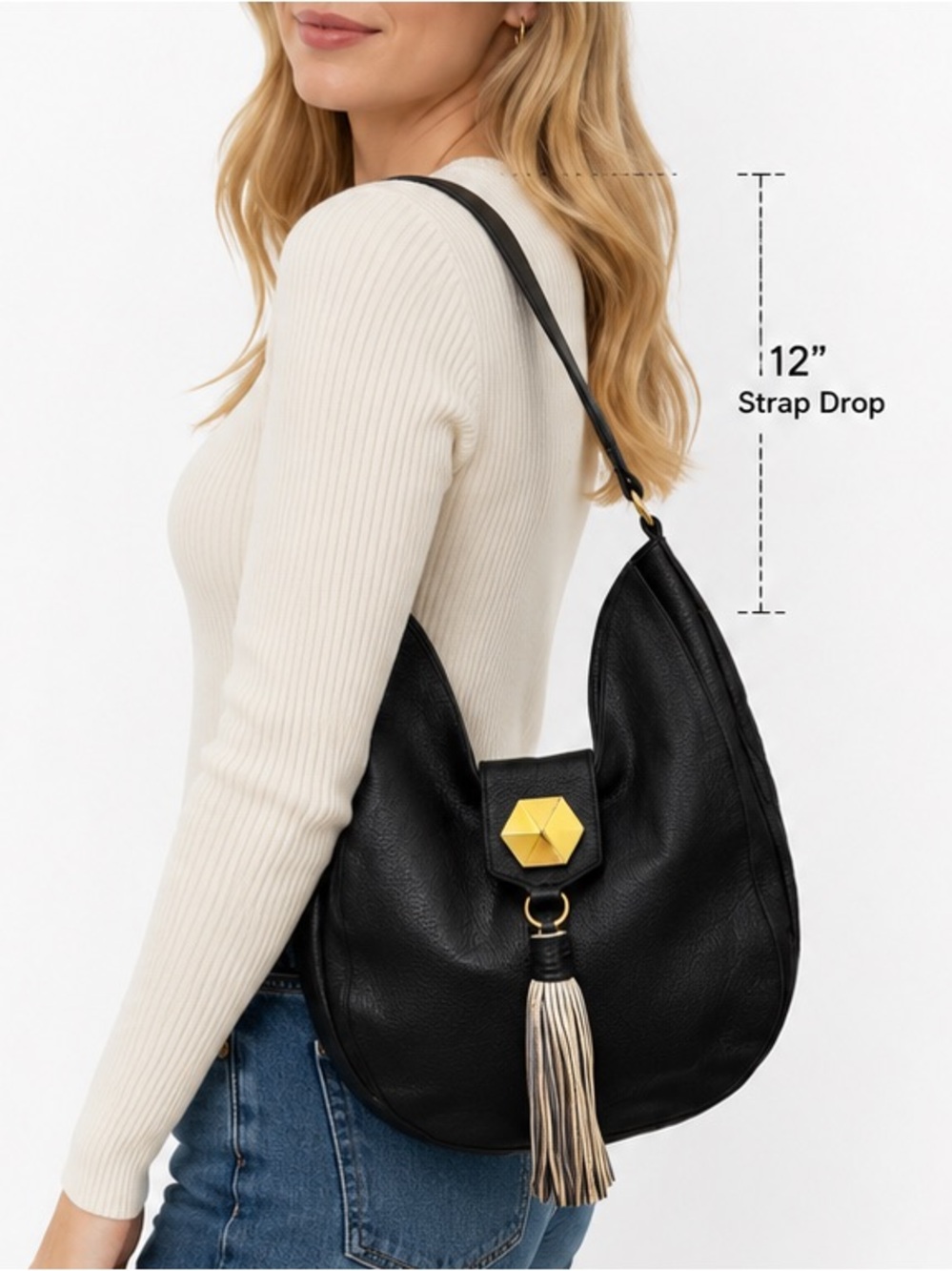 NEW - Badgley Mischka Black Leather Bailey Hobo Bag Gold Geometric Tassel Detail